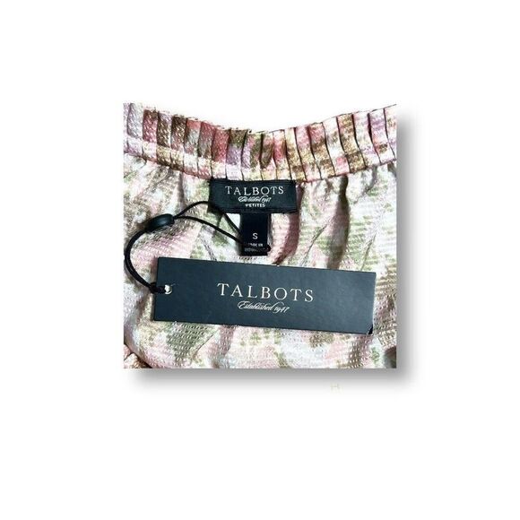 Talbots Petite PS Pink Satin Top NWT Abstract Ruffle Neck Short Sleeve Blouse - Picture 6 of 7